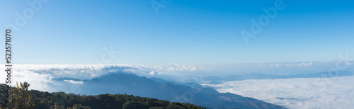 Kiew Mae Pan Viewpoint, Chom Thong District in Chiang Mai on Doi Inthanon with beautiful views of Blue sky and clouds on the weather day, mountains and grass, and nature mist in winter.