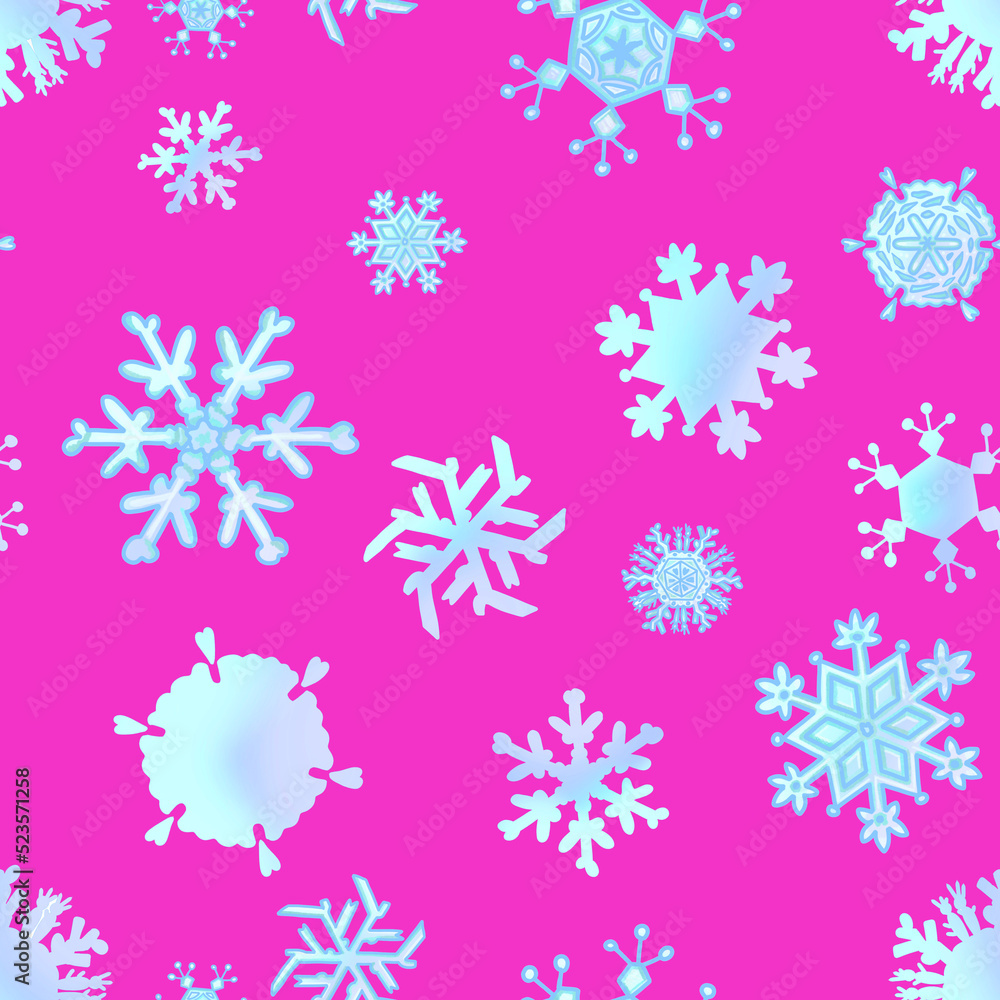 Beautiful hand drawn snowflakes on bright pink background in a seamless repeating pattern for Christmas design. Wrapping paper texture with snow crystal on magenta backdrop