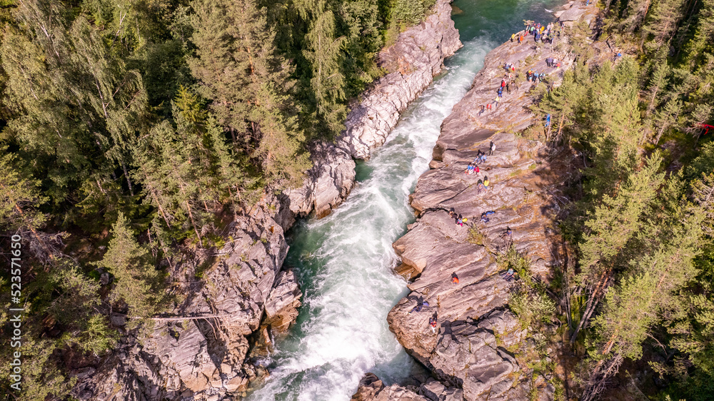 Aerial view of difficult rapids on SJoa river in central Norway during river festival