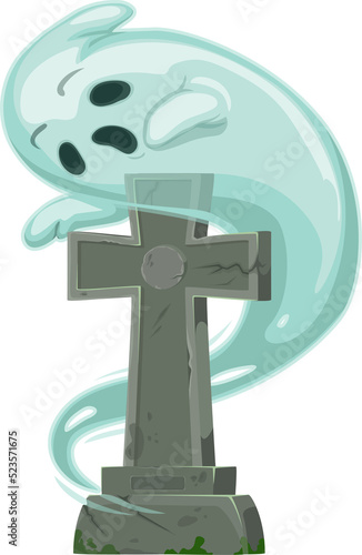 Cartoon ghost at gave tombstone on old cemetery