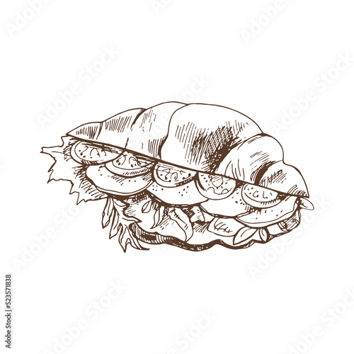 Hand drawn Ink Sketch of Croissant stuffed with lettuce, cheese and tomatoes. Vector illustration. Food elements for menu design. Vintage breakfast. 