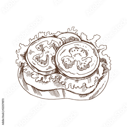 Hand drawn sketch of bruschetta with tomatoes and lettuce. Sandwich, toasted baguette, toast, slice of bread. Vector illustration. 