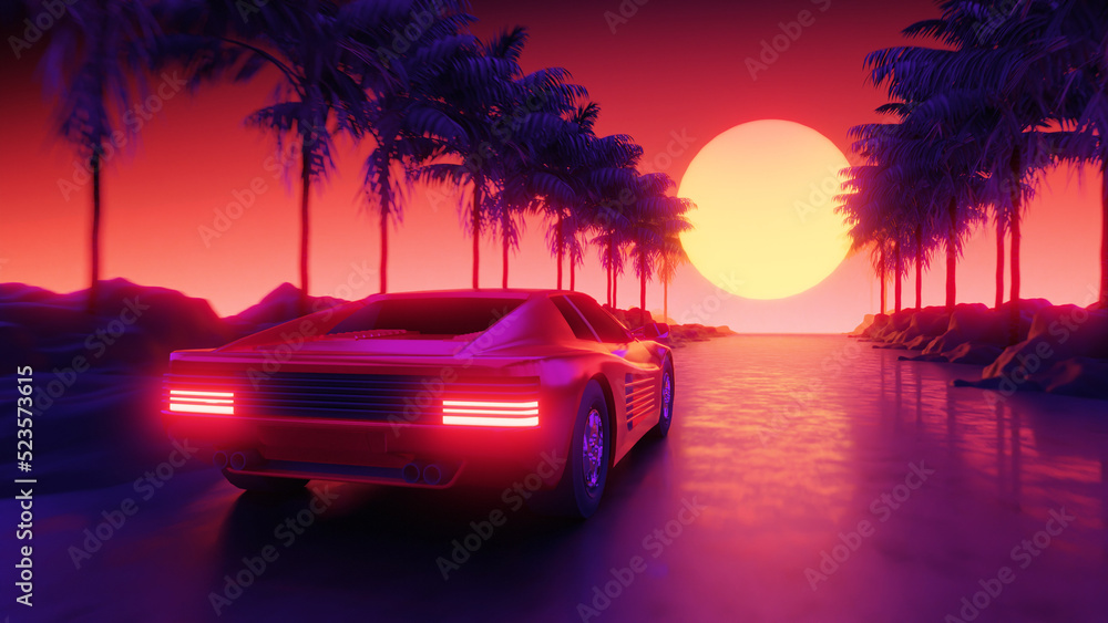 Testarossa, Palm Tree and Sunset, 80's Retrowave Background