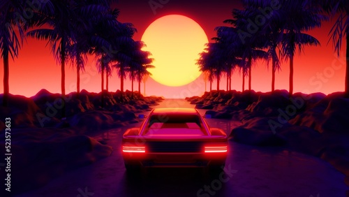 Testarossa, Palm Tree and Sunset, 80's Retrowave Background