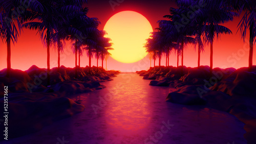 Palm Tree and Sunset, 80's Retrowave Background 3D Rendering