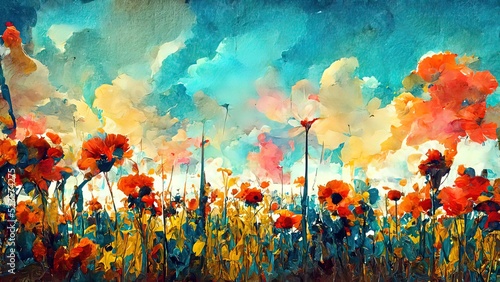 Painting of colorful flowers. 4k background illustration. Blue sky. Watercolor, acrylic drawing. Green, red and orange colors.