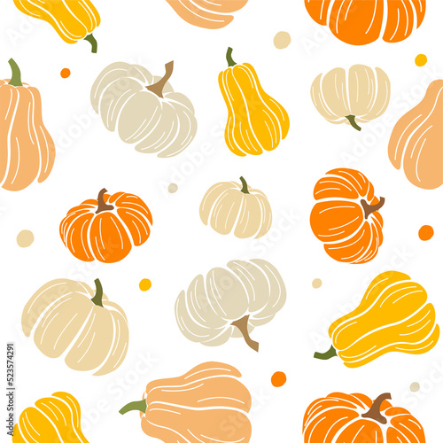 Seamless pattern of colorful pumpkins and spots. Vector illustration in a flat style on a white background.