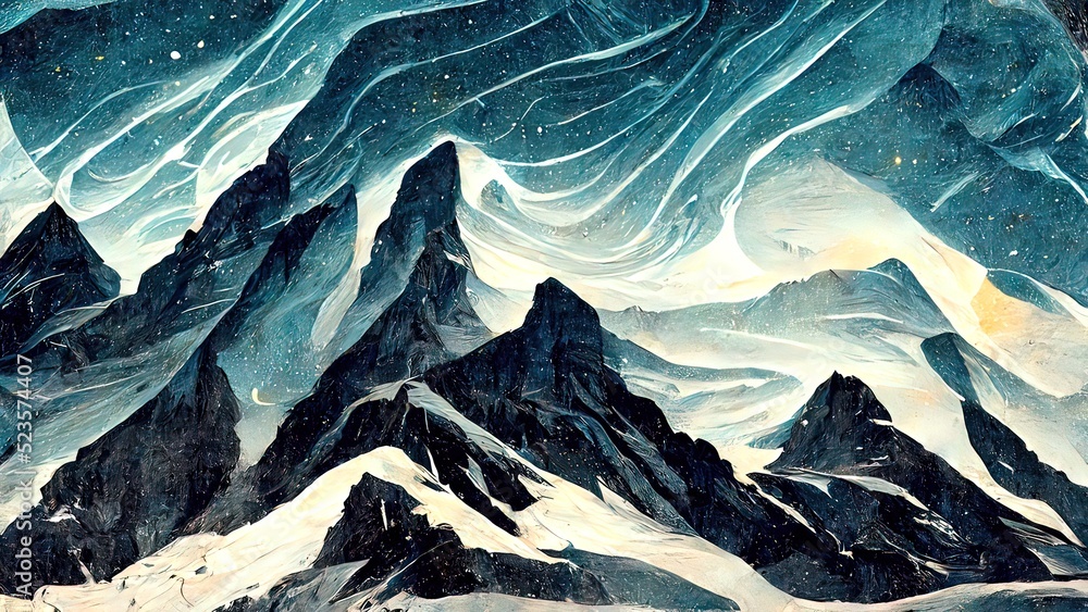 Painting, mountains night sky. Surreal colorful digital art of swiss
