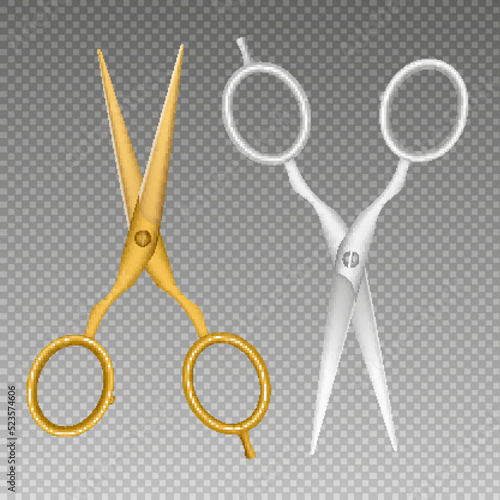 Realistic gold and silver metal opened hair scissors, vector illustration