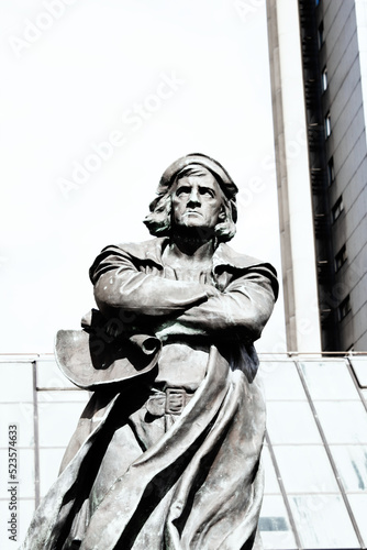 Black and white image of Christoph Columbus statue in Bremerhaven, Germany photo