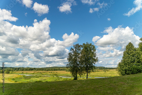 Background of a blue sky with clouds, a green field, river and forest