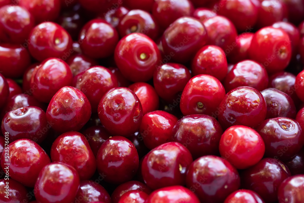 Cherry background. Cherry top view. Sour cherry flat design. Fruit macro. Cherry background. Cherry top view. Sour cherry flat design. Fruit macro.
