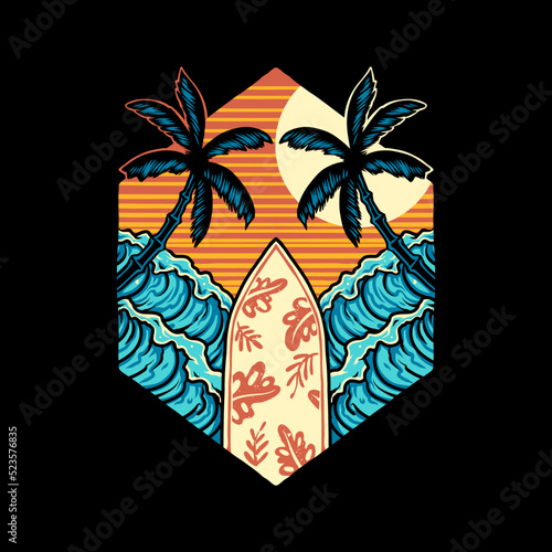 Canvas Print Surfing summer beach t-shirt graphic design, hand drawn line with digital color,