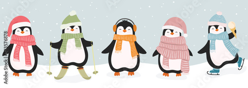 Set of cute christmas penguins. Vector illustration in flat cartoon style