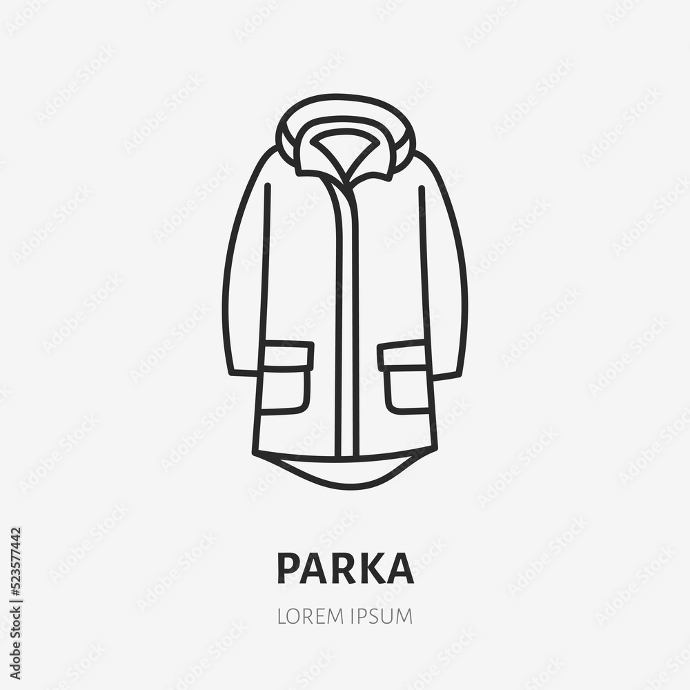 Parka doodle line icon. Vector thin outline illustration of winter clothes. Black color linear sign for outdoor apparel Parka doodle line icon. Vector thin outline illustration of winter clothes. Black color linear sign for outdoor apparel