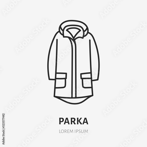 Parka doodle line icon. Vector thin outline illustration of winter clothes. Black color linear sign for outdoor apparel