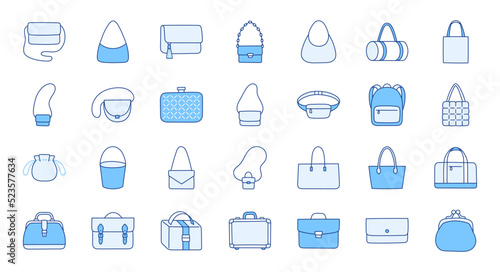 Women bags illustration including icons - purse, handbag, fashion clutch, business briefcase, backpack, leather suitcase, shopper. Thin line art about clothes accessory. Blue Color, Editable Stroke