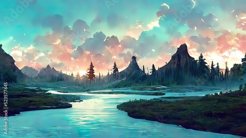 Mountain and trees landscape. Digital painting. 4K wallpaper, background. Pink sunset, clouds, lake, reflections. 