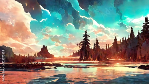 Wallpaper Mural Forest and mountains digital painting. 4K background, wallpaper of forest, trees, pines, clouds, mountains and sunset over a lake. Beautiful drawing, sketch of digital nature landscape. Torontodigital.ca