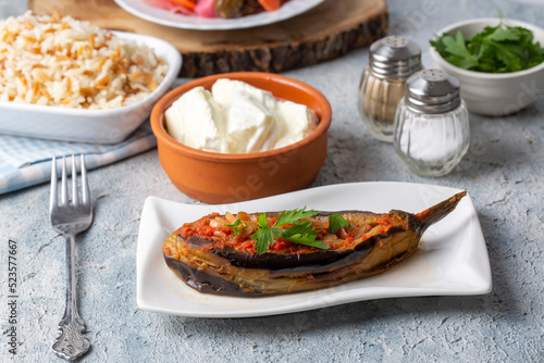 Traditional delicious Turkish foods; Eggplant food, Turkish name; imam bayildi