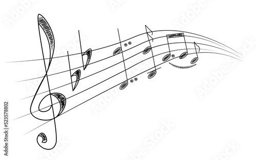Musical note sketch hand draw. Staff treble clef notes musician concept on background