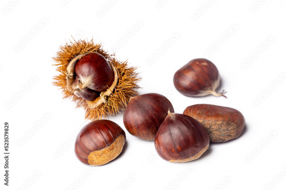 Chestnut dessert and chestnuts on a plate. Traditional delicious Turkish dessert; chestnut candies (Kestane Sekeri) Chestnut dessert and chestnuts on a plate. Traditional delicious Turkish dessert; chestnut candies (Kestane Sekeri)