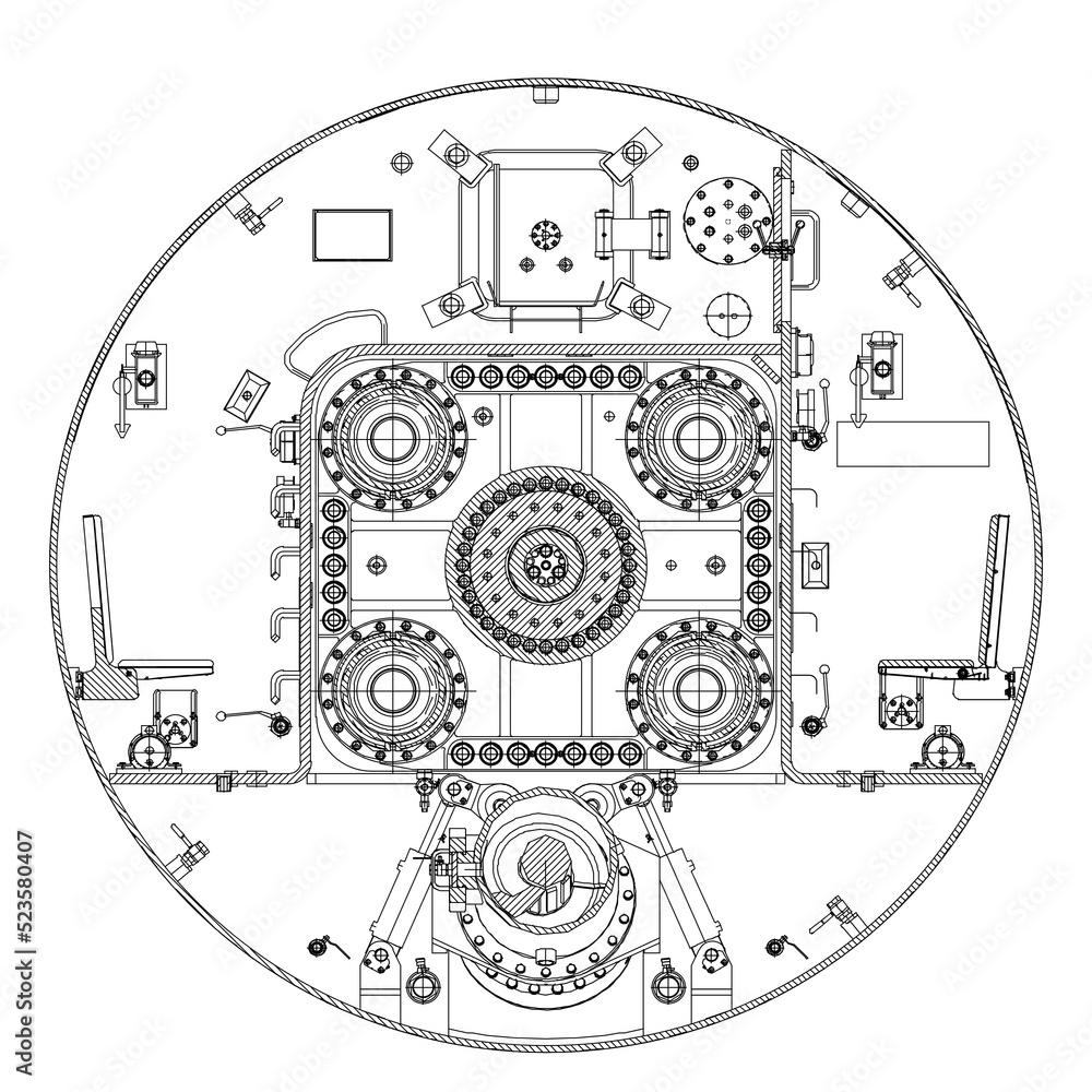 Machine internal cross-section, tunnel boring head, tunnel boring head drawings and machine internal parts, machine internal drive system, industrial operation technology, main drive injection line. Machine internal cross-section, tunnel boring head, tunnel boring head drawings and machine internal parts, machine internal drive system, industrial operation technology, main drive injection line.