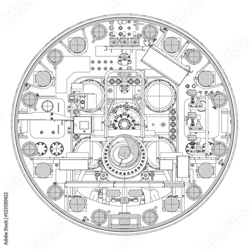 Fotografi Machine internal cross-section, tunnel boring head, tunnel boring head drawings and machine internal parts, machine internal drive system, industrial operation technology, main drive injection line