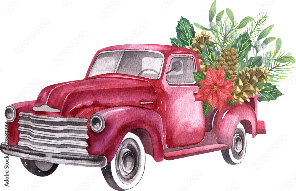 Christmas retro truck with Christmas tree, gifts and other decorations