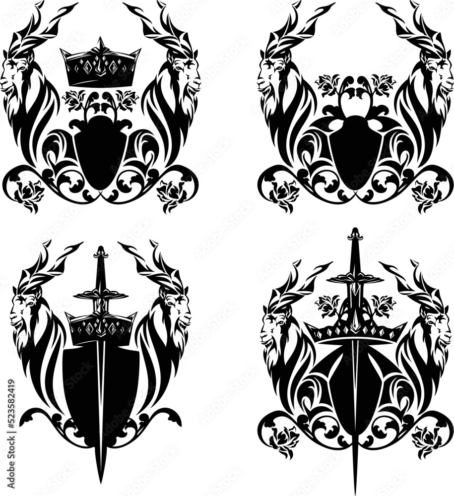 pair of markhor mountain goats heads with heraldic shield, royal crown