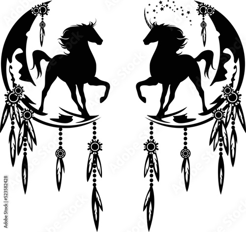 mythical mustang and unicorn horse standing at moon crescent decorated with ethnic feather ornament - dream catcher black and white vector design set