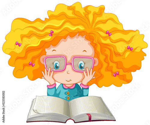 A girl reading a book on white background
