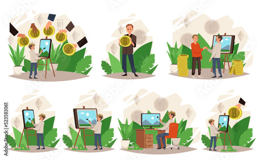 NFT non-fungible token theme designs set, flat vector illustration isolated.