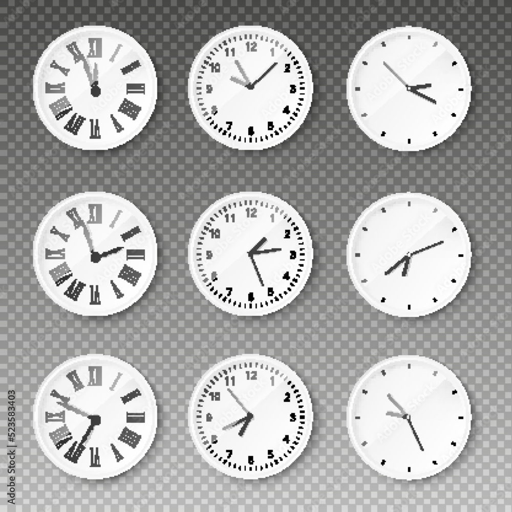Wall clocks with roman and arabic numerals 3D vector illustration isolated. Wall clocks with roman and arabic numerals 3D vector illustration isolated.