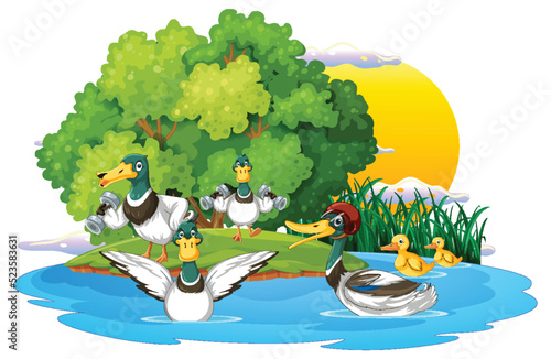Happy duck group in nature scene