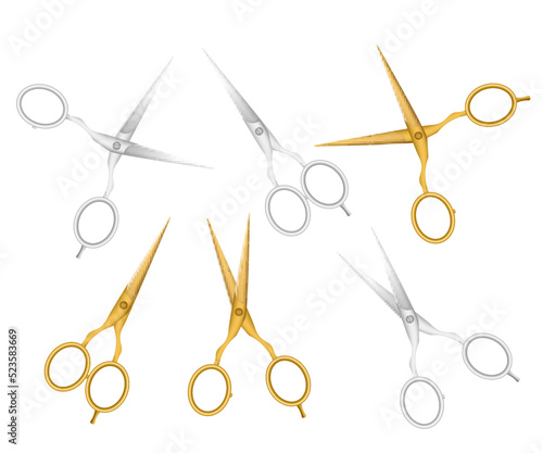 Set of realistic opened and closed silver and gold metal hair scissors