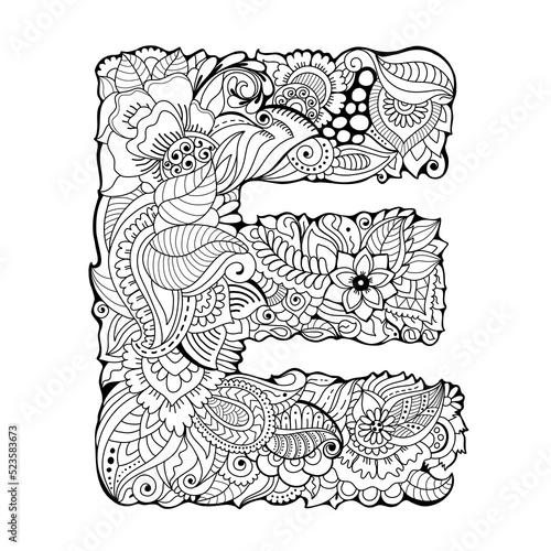 Letter E filled with floral ornament. Adult coloring book page