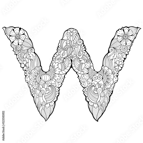 Zentangle adult coloring book style letter W. Doodle lettering sign