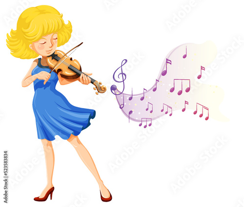 A woman playing violin with music note symbols