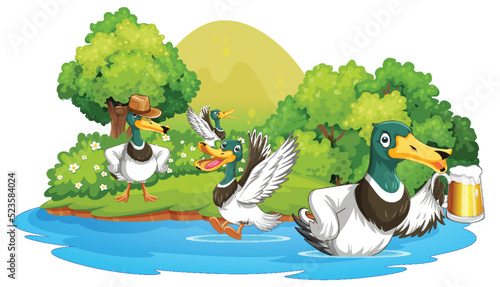 Happy duck group in nature scene