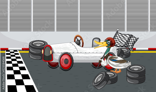 Soap box derby race with ducks cartoon character