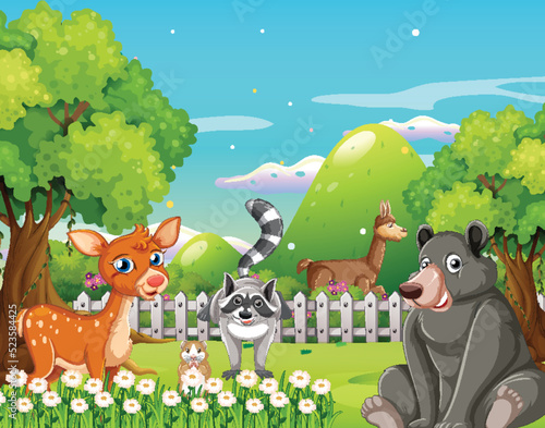 Forest scene with different kinds of animals