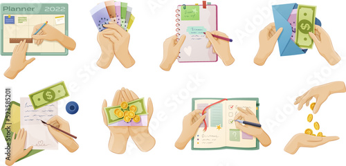 Set of with hands managing and planning budget. Human hands holding cash money, taking or giving coins, filling diary and planner, writing letter on paper and donating money cartoon vector