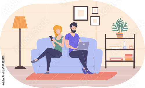 Couple sitting on comfy sofa using gadgets at home. Man and woman sitting on sofa using laptop and smartphone during resting or working. People surfing internet, chatting social media or gaming vector