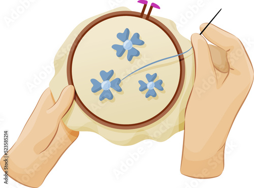 Hands with needle and thread embroidering flowers on canvas. View from above of hands doing smooth embroidery in frame rings. Creative hobby, DIY needlecraft, needlework flat vector