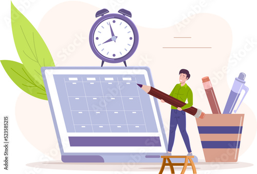 Tiny man with pencil working on schedule on laptop computer. Businessman doing working plan on week, planning business agenda tasks and meetings time. Time management or deadline flat vector