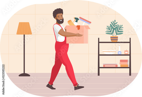 Man in red overalls carrying box with cleaning supplies. African american man professional cleaner character with janitorial equipment. Housekeeping company staff, cleaning service flat vector