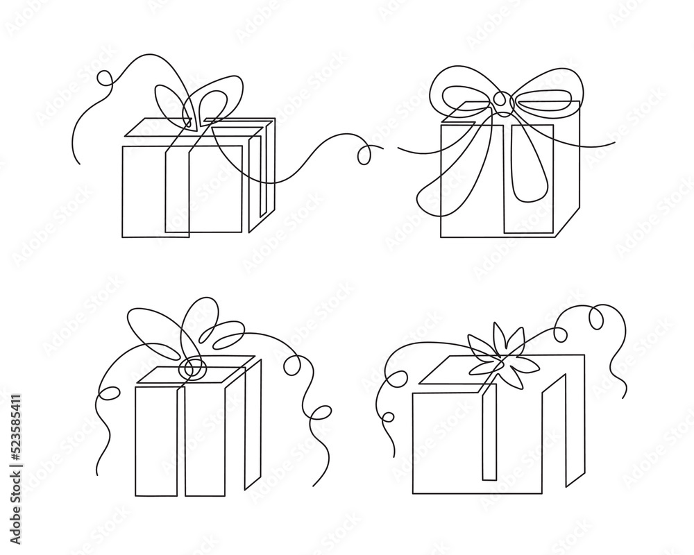 Gifts one-line set, hand drawn continuous contours. Doodle, sketch style, minimalism. Holiday present, festive surprise, souvenir. Editable stroke. Isolated. Vector illustration Gifts one-line set, hand drawn continuous contours. Doodle, sketch style, minimalism. Holiday present, festive surprise, souvenir. Editable stroke. Isolated. Vector illustration