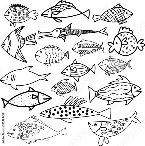 cute fish. set of  doodle fish elements. Can be used in textile industry, paper, background, scrapbooking.