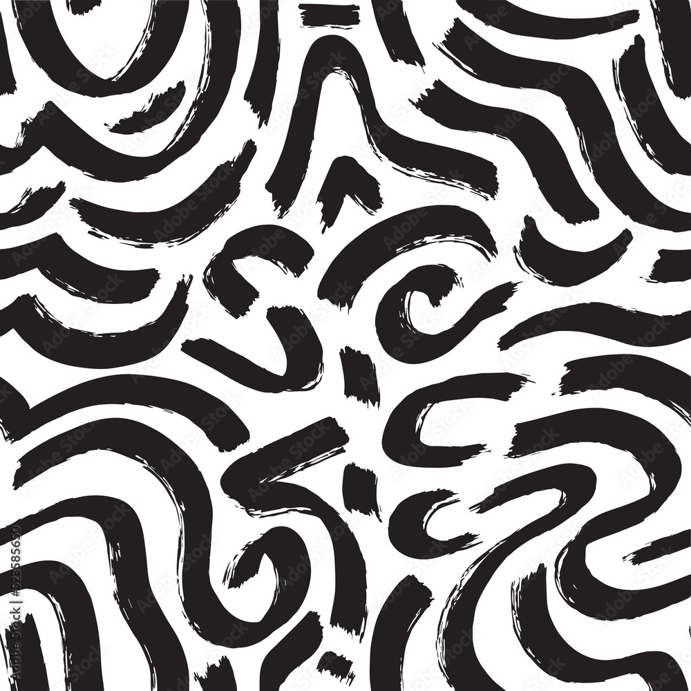 Abstract artistic seamless pattern background with black ink paint brush irregular stroke shapes. Black and white monochrome modern grunge textured print, wallpaper, textile.